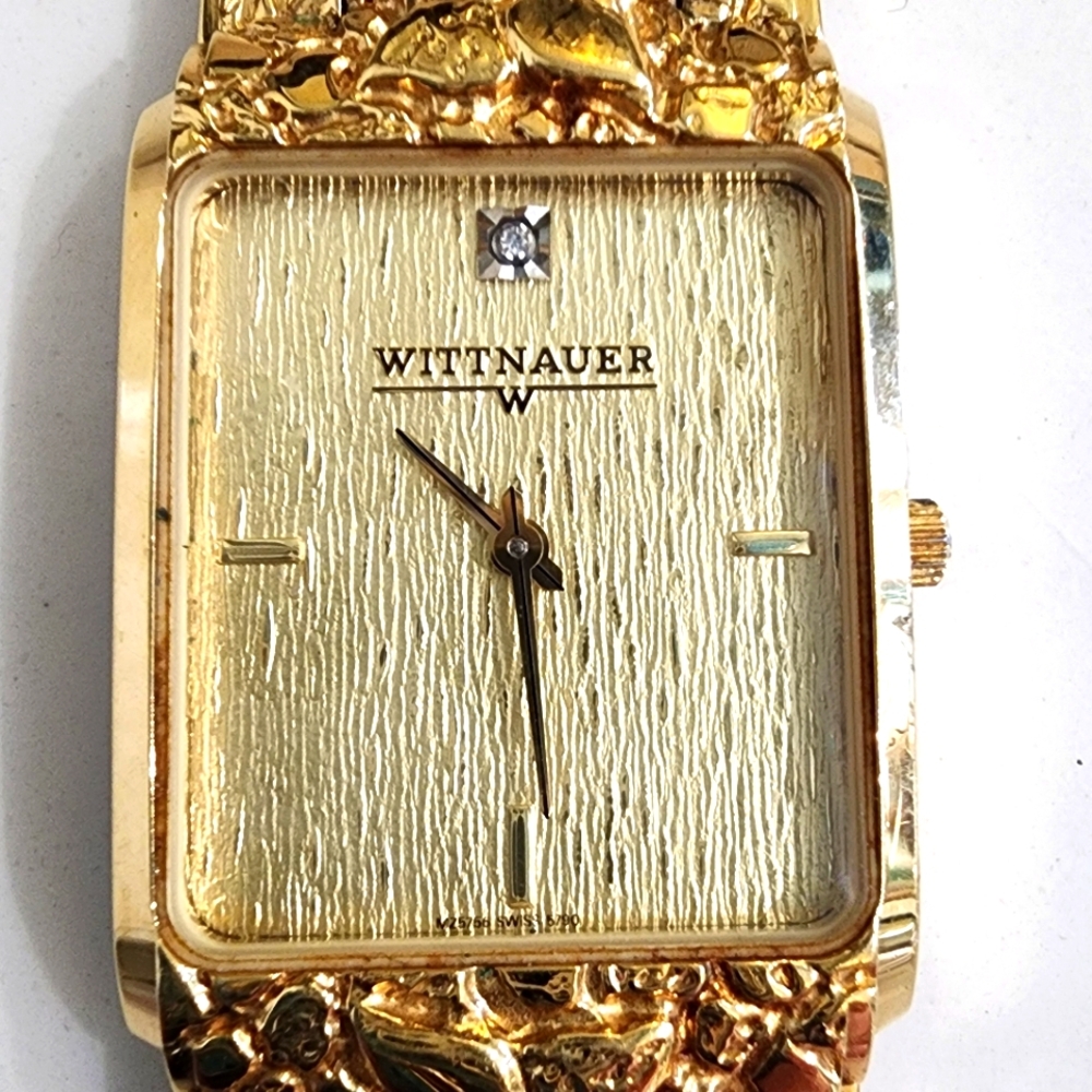 Stunning Rare Vintage Wittnauer Gold Plate Nugget Watch w Diamond & New Battery!